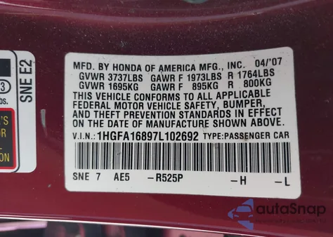 2007 Honda Civic Ex z USA, uszkodzony, nr VIN 1HGFA16897L102692